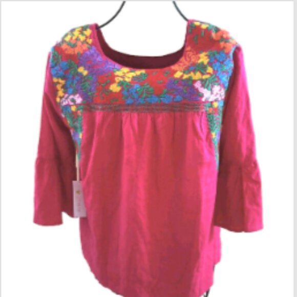NWT J. Marie Embroidered Linen Blend Top Bell Sleeve Lined Blouse XS /S Fuchsia - Picture 1 of 17